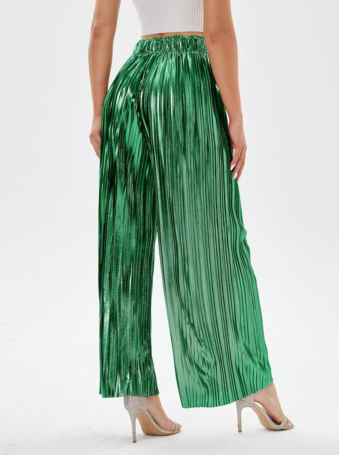 heipeiwa Women's Shiny Pleated Wide Leg Pants Party Nightout High Elastic Waist Trouser Outfit Clubwear