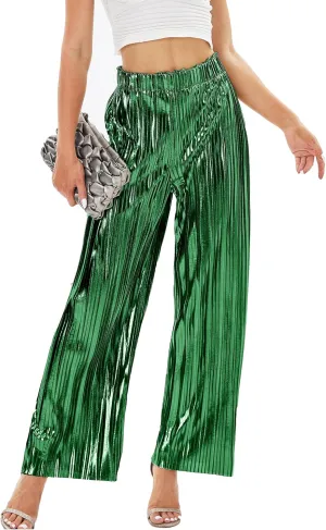 heipeiwa Women's Shiny Pleated Wide Leg Pants Party Nightout High Elastic Waist Trouser Outfit Clubwear