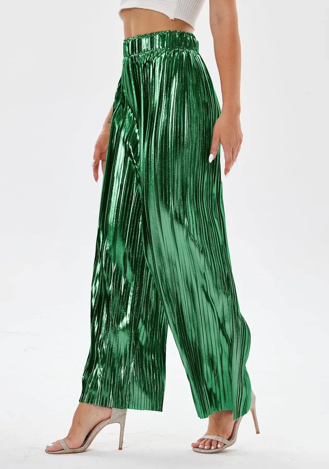 heipeiwa Women's Shiny Pleated Wide Leg Pants Party Nightout High Elastic Waist Trouser Outfit Clubwear