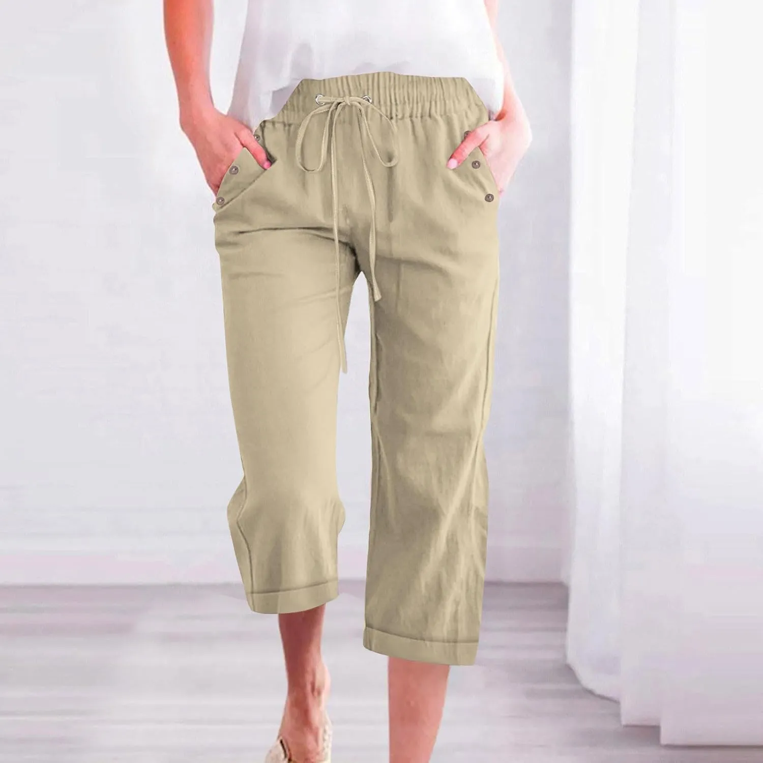 hlysgo Capri Pants for Women High Waisted Drawstring Cotton Linen Casual Pants 2025 Summer Comfy Plus Size Cropped Trouser