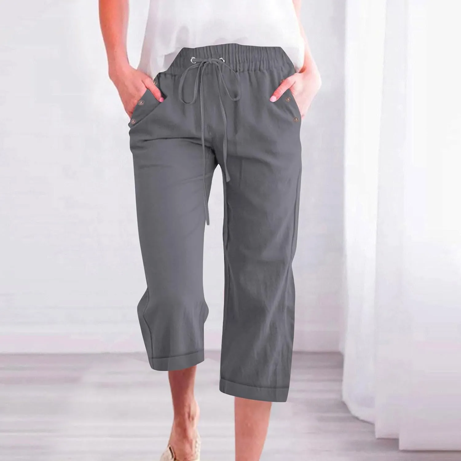 hlysgo Capri Pants for Women High Waisted Drawstring Cotton Linen Casual Pants 2025 Summer Comfy Plus Size Cropped Trouser