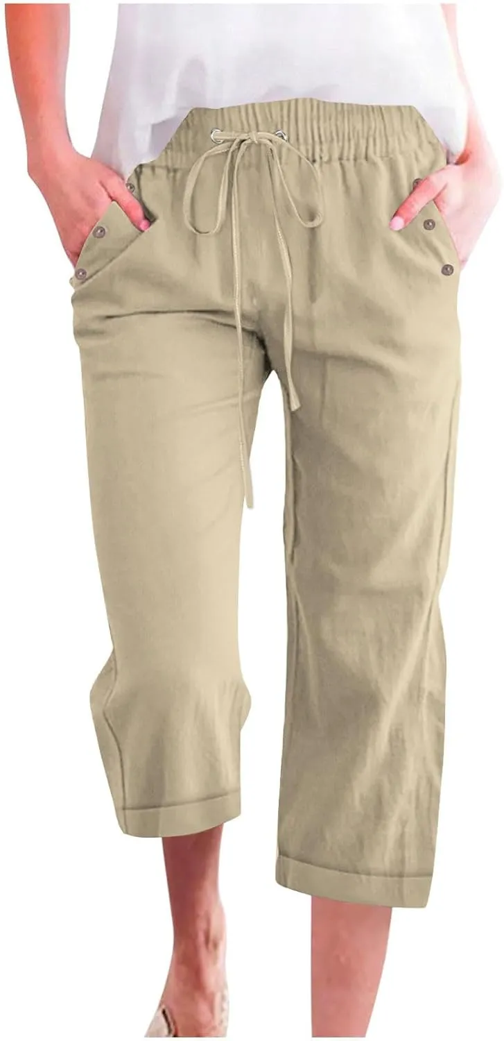 hlysgo Capri Pants for Women High Waisted Drawstring Cotton Linen Casual Pants 2025 Summer Comfy Plus Size Cropped Trouser
