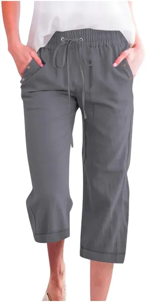 hlysgo Capri Pants for Women High Waisted Drawstring Cotton Linen Casual Pants 2025 Summer Comfy Plus Size Cropped Trouser
