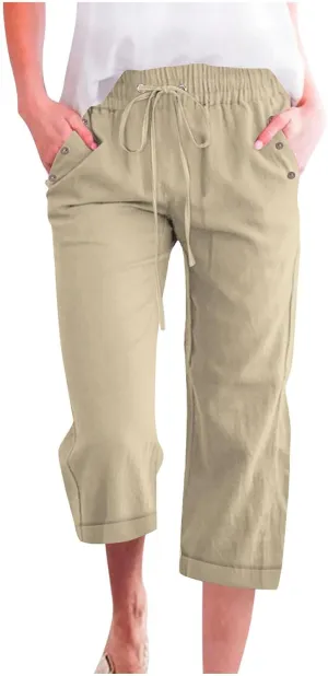 hlysgo Capri Pants for Women High Waisted Drawstring Cotton Linen Casual Pants 2025 Summer Comfy Plus Size Cropped Trouser
