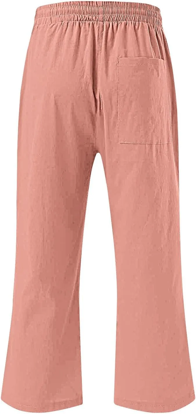 hlysgo Casual Capri Pants for Women Drawstring Waist Straight Cotton Linen Pants 2025 Summer Comfy Beach Cropped Trouser