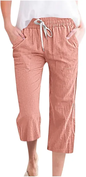 hlysgo Casual Capri Pants for Women Drawstring Waist Straight Cotton Linen Pants 2025 Summer Comfy Beach Cropped Trouser