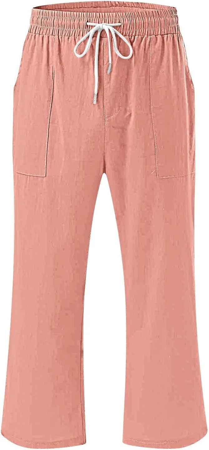 hlysgo Casual Capri Pants for Women Drawstring Waist Straight Cotton Linen Pants 2025 Summer Comfy Beach Cropped Trouser