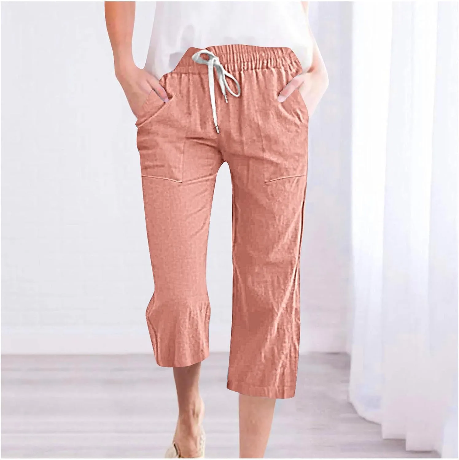 hlysgo Casual Capri Pants for Women Drawstring Waist Straight Cotton Linen Pants 2025 Summer Comfy Beach Cropped Trouser