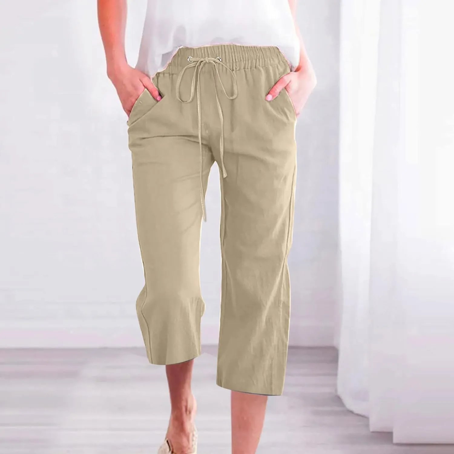 hlysgo Cotton Linen Capri Pants for Women High Waisted Drawstring Casual Capris Summer Loose Comfy Beach Cropped Trouser