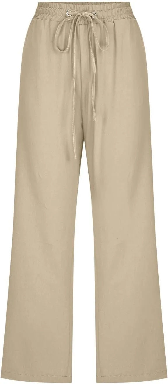 hlysgo Cotton Linen Capri Pants for Women High Waisted Drawstring Casual Capris Summer Loose Comfy Beach Cropped Trouser
