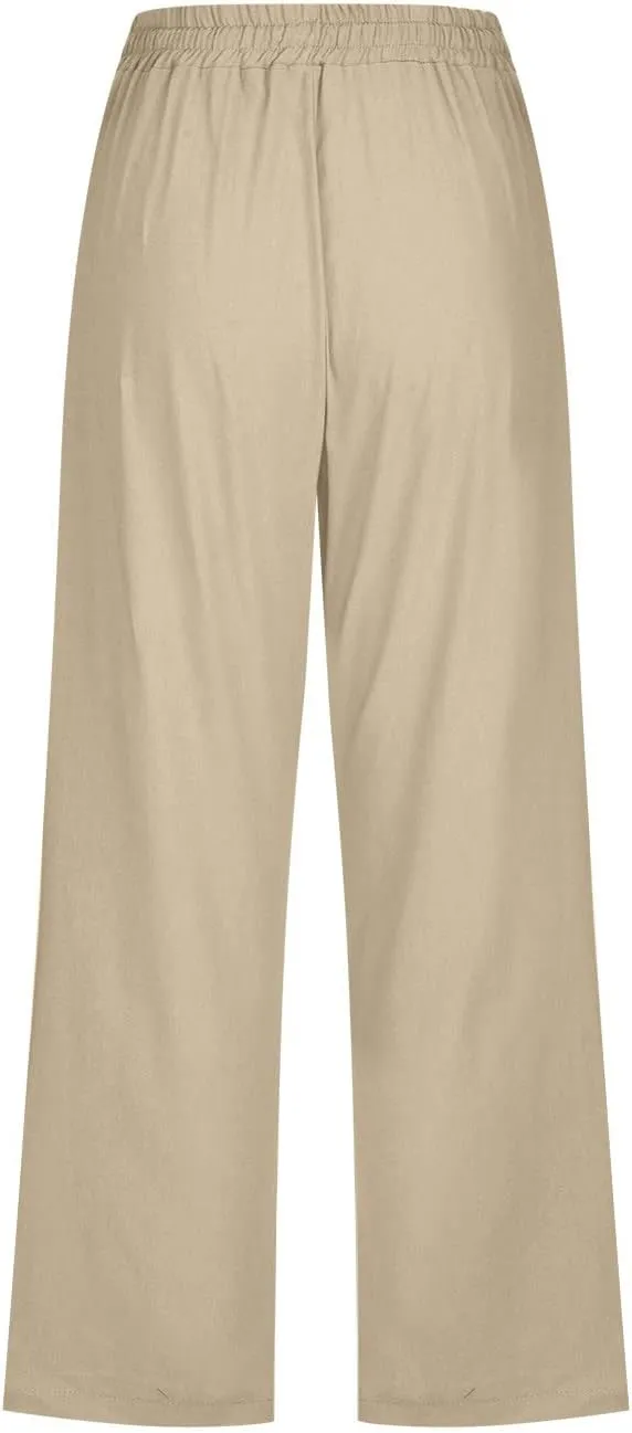 hlysgo Cotton Linen Capri Pants for Women High Waisted Drawstring Casual Capris Summer Loose Comfy Beach Cropped Trouser