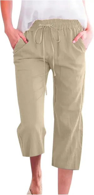 hlysgo Cotton Linen Capri Pants for Women High Waisted Drawstring Casual Capris Summer Loose Comfy Beach Cropped Trouser