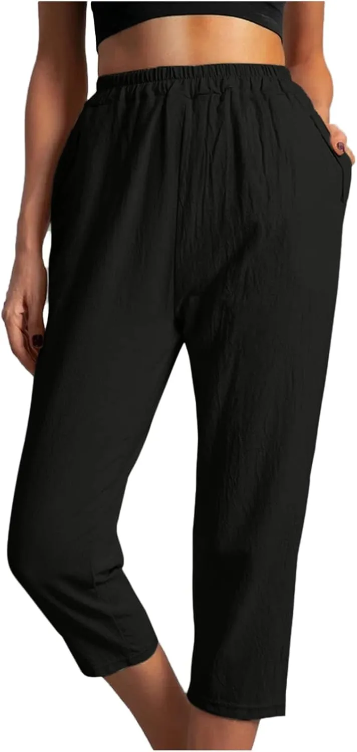 hlysgo Cotton Linen Capri Pants for Women High Waisted Straight Leg Capris 2025 Summer Loose Comfy Casual Cropped Trouser