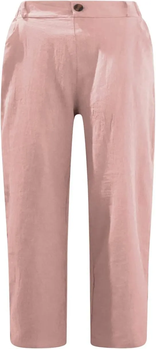 hlysgo Women's Casual Capri Pants High Waisted Cotton Linen Pants Summer Loose Comfy Beach Cropped Trouser with Pockets
