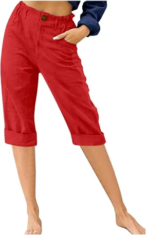 hlysgo Women's Casual Capri Pants High Waisted Cotton Linen Pants Summer Loose Comfy Beach Cropped Trouser with Pockets
