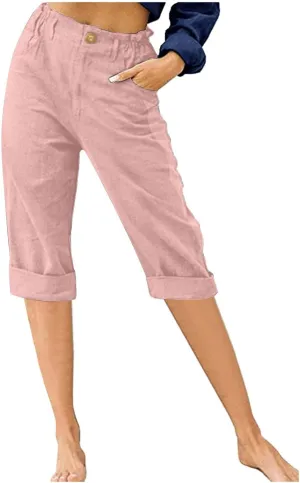 hlysgo Women's Casual Capri Pants High Waisted Cotton Linen Pants Summer Loose Comfy Beach Cropped Trouser with Pockets