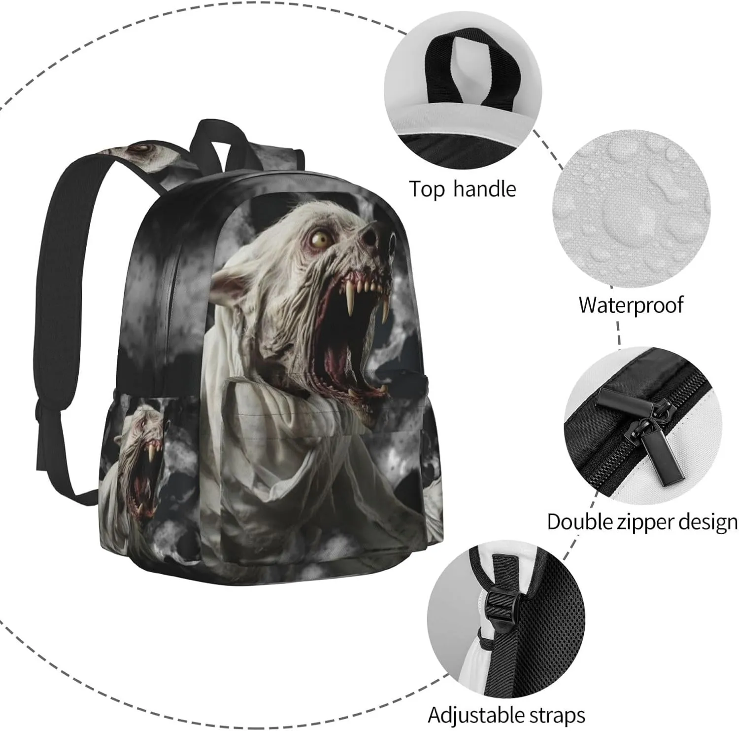 Horror White Animal Unisex Backpack Daypack With Adjustable Padded Straps Big Capacity Travel Laptop Backpacks