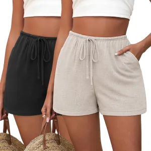 Huukeay 2 Pack Women's Casual Linen Shorts Comfy Drawstring High Waisted 2025 Summer Lightweight Beach Shorts with Pockets