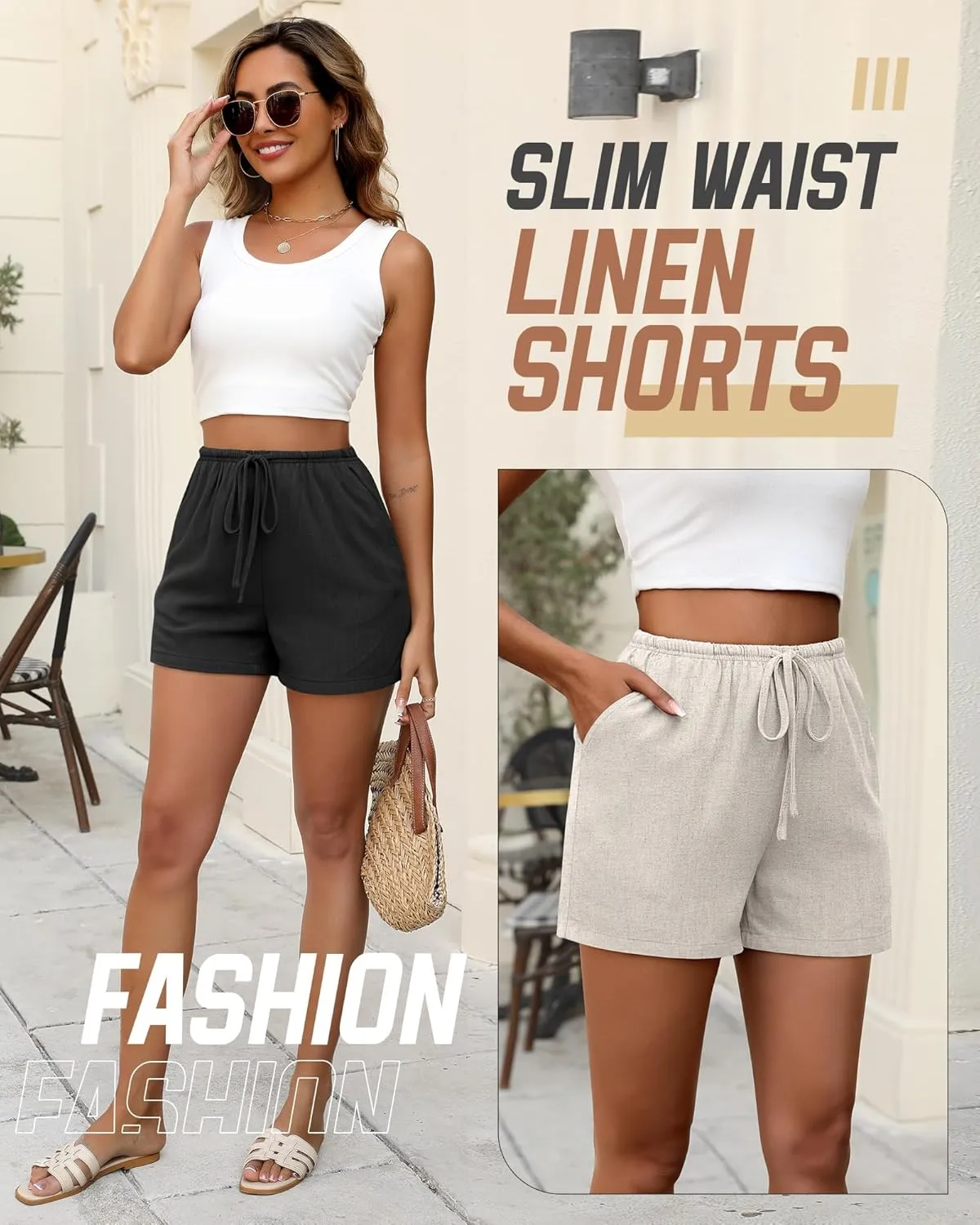 Huukeay 2 Pack Women's Casual Linen Shorts Comfy Drawstring High Waisted 2025 Summer Lightweight Beach Shorts with Pockets