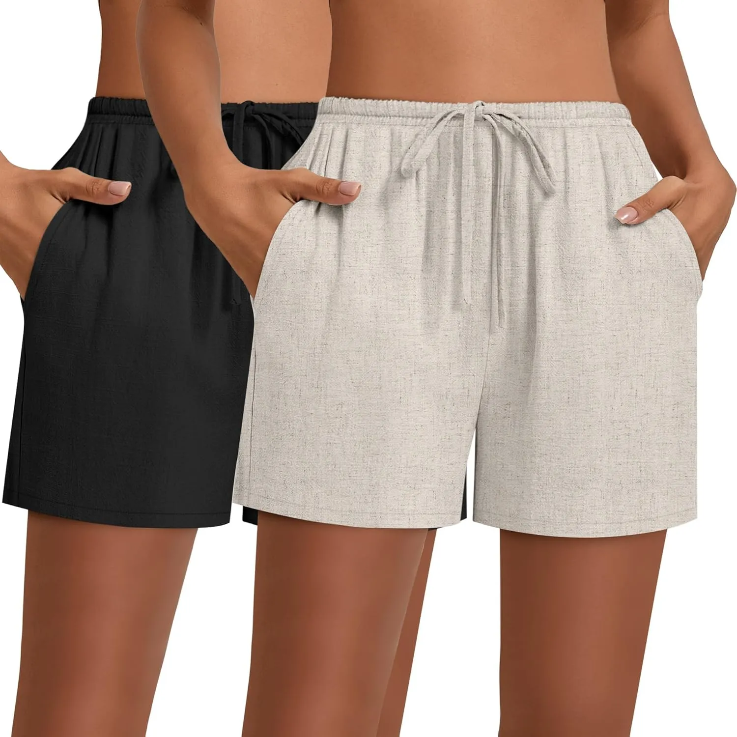 Huukeay 2 Pack Women's Casual Linen Shorts Comfy Drawstring High Waisted 2025 Summer Lightweight Beach Shorts with Pockets