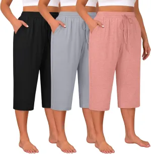 Huukeay 3 Pack Women's Plus Size Capris, Drawstring Cotton Yoga Capri Sweatpants Summer Casual Loose Cropped Pant with Pocket