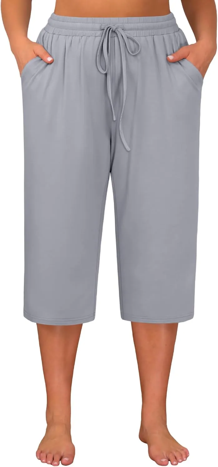 Huukeay 3 Pack Women's Plus Size Capris, Drawstring Cotton Yoga Capri Sweatpants Summer Casual Loose Cropped Pant with Pocket