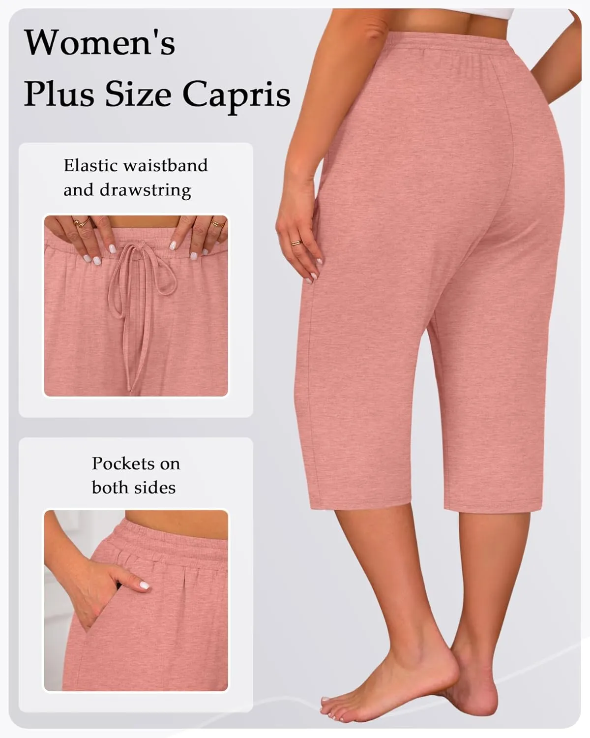 Huukeay 3 Pack Women's Plus Size Capris, Drawstring Cotton Yoga Capri Sweatpants Summer Casual Loose Cropped Pant with Pocket