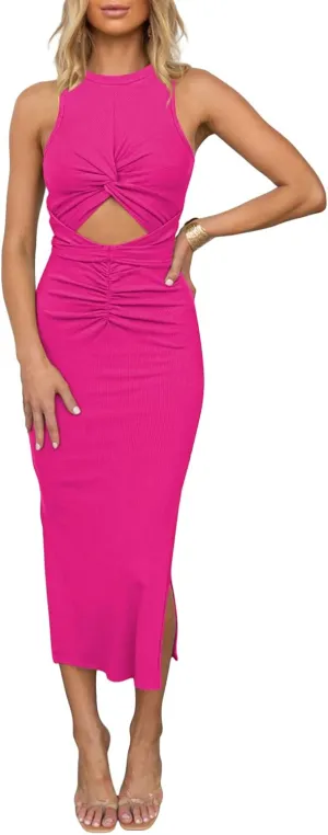 HUUSA Women's Sexy Sleeveless Cut Out Slim Bodycon Dress Crewneck Crisscross Twist Ruched Slit Ribbed Knit Tank Midi Dress