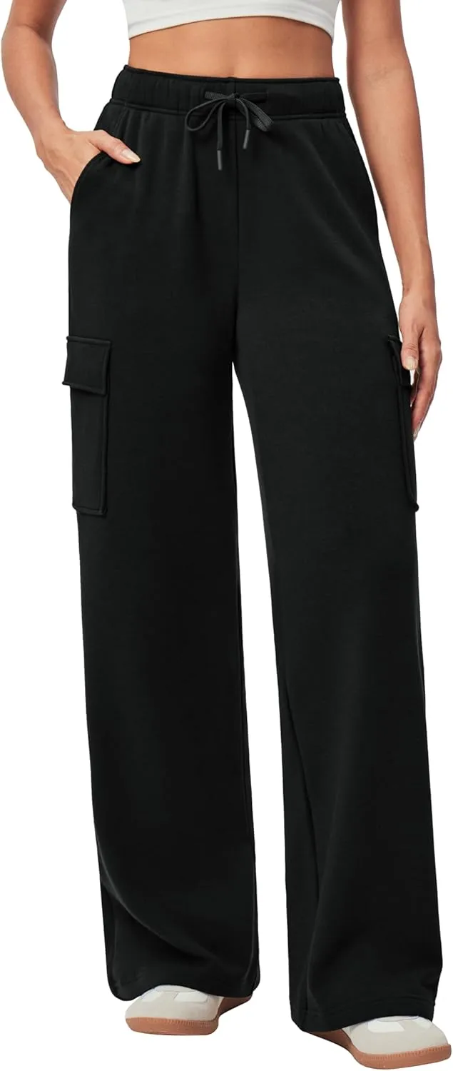 IUGA Fleece Cargo Sweatpants for Women Wide Leg Cargo Pants High Waisted Sweats Pants with Pockets Baggy Joggers Pants