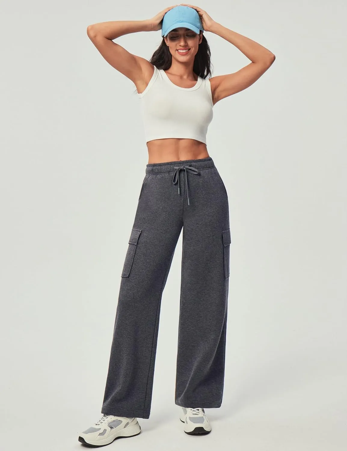 IUGA Fleece Cargo Sweatpants for Women Wide Leg Cargo Pants High Waisted Sweats Pants with Pockets Baggy Joggers Pants
