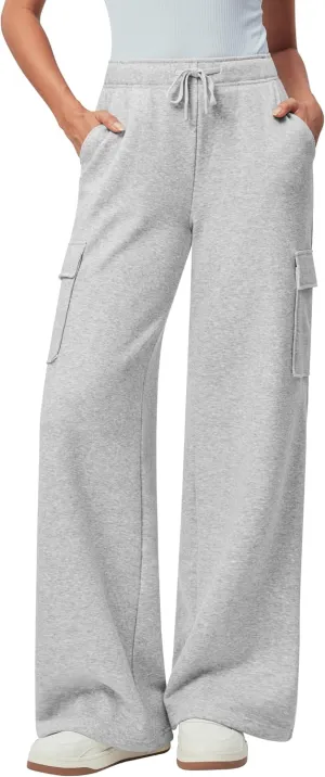 IUGA Fleece Cargo Sweatpants for Women Wide Leg Cargo Pants High Waisted Sweats Pants with Pockets Baggy Joggers Pants