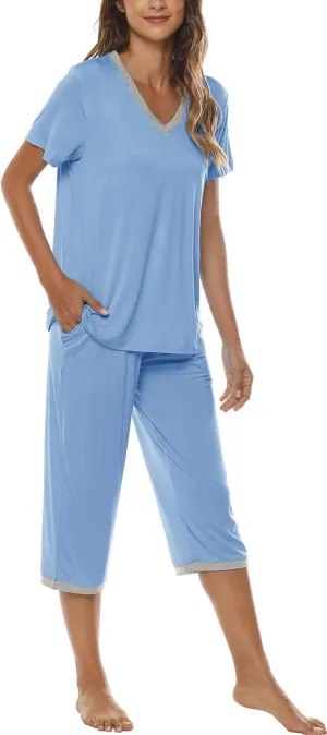 JINSHI Women's Pajamas Set Short Sleeve Top and Capri Pants Lightweight Sleepwear Comfy Pjs Lounge Set with Pockets