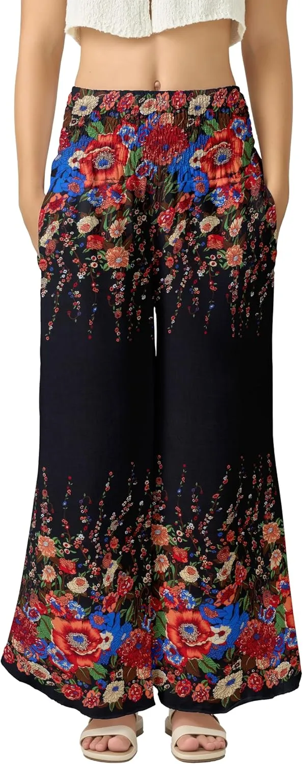 Joob Joob Flowy Women's Palazzo Pants - Wide Leg Summer Boho Harem Pants with Pockets