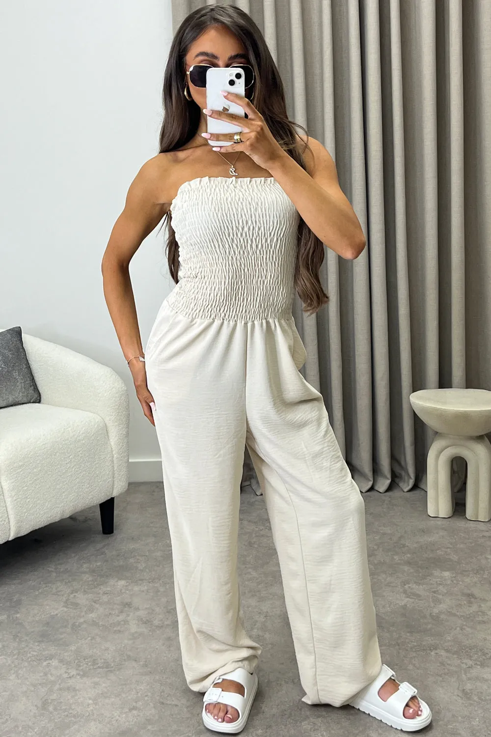 Jules Beige Shirred Bandeau Wide Leg Jumpsuit