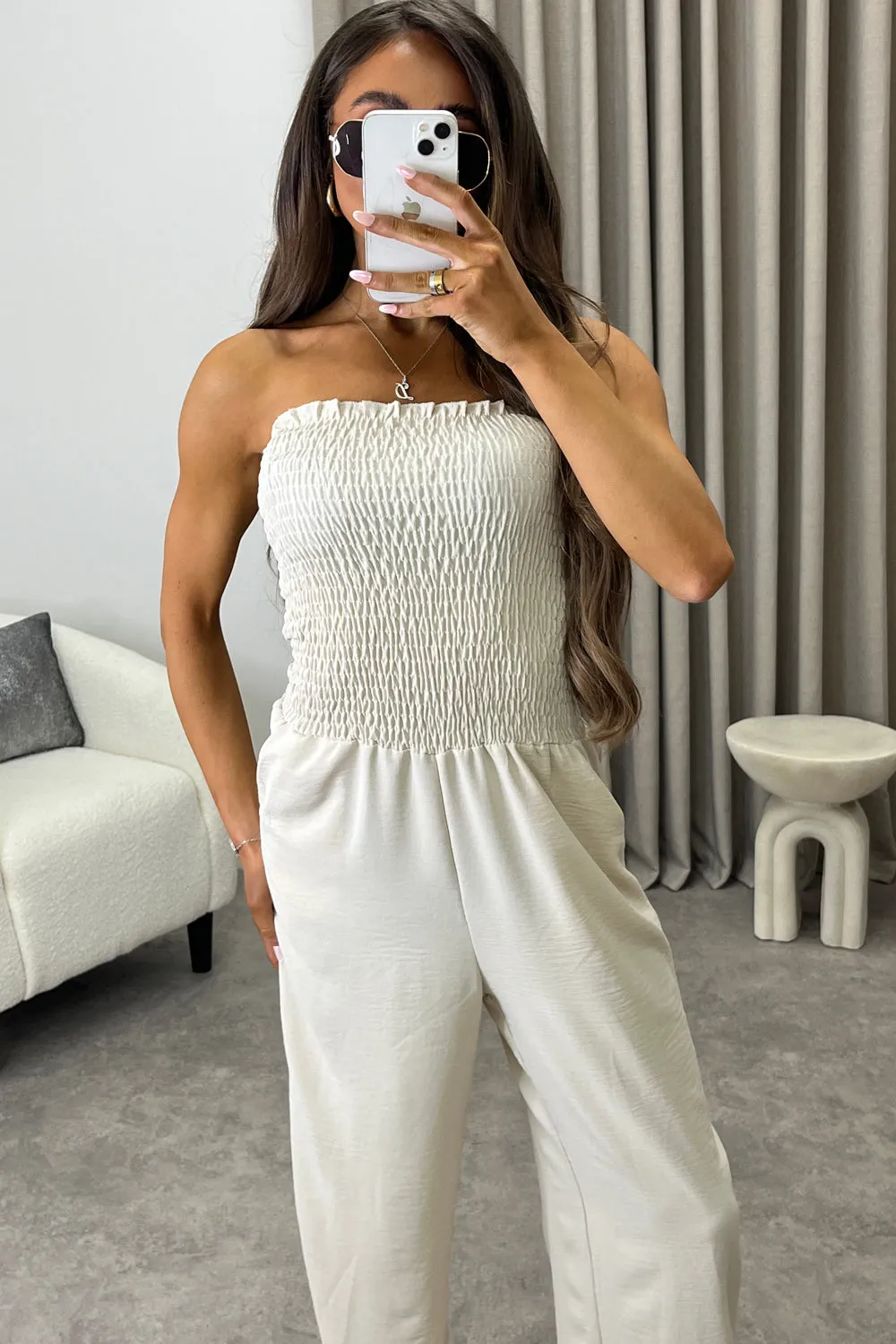 Jules Beige Shirred Bandeau Wide Leg Jumpsuit