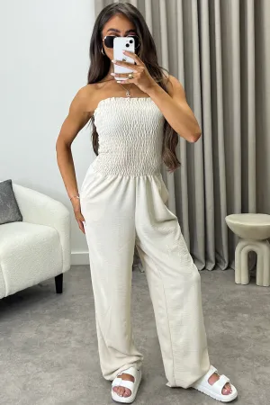 Jules Beige Shirred Bandeau Wide Leg Jumpsuit