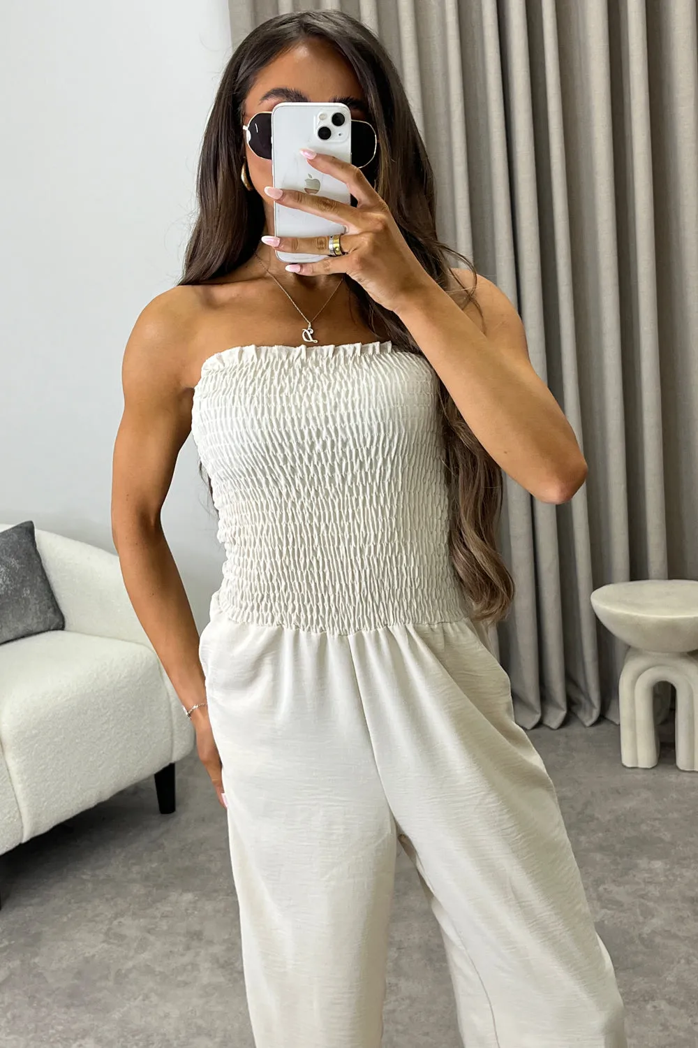 Jules Beige Shirred Bandeau Wide Leg Jumpsuit