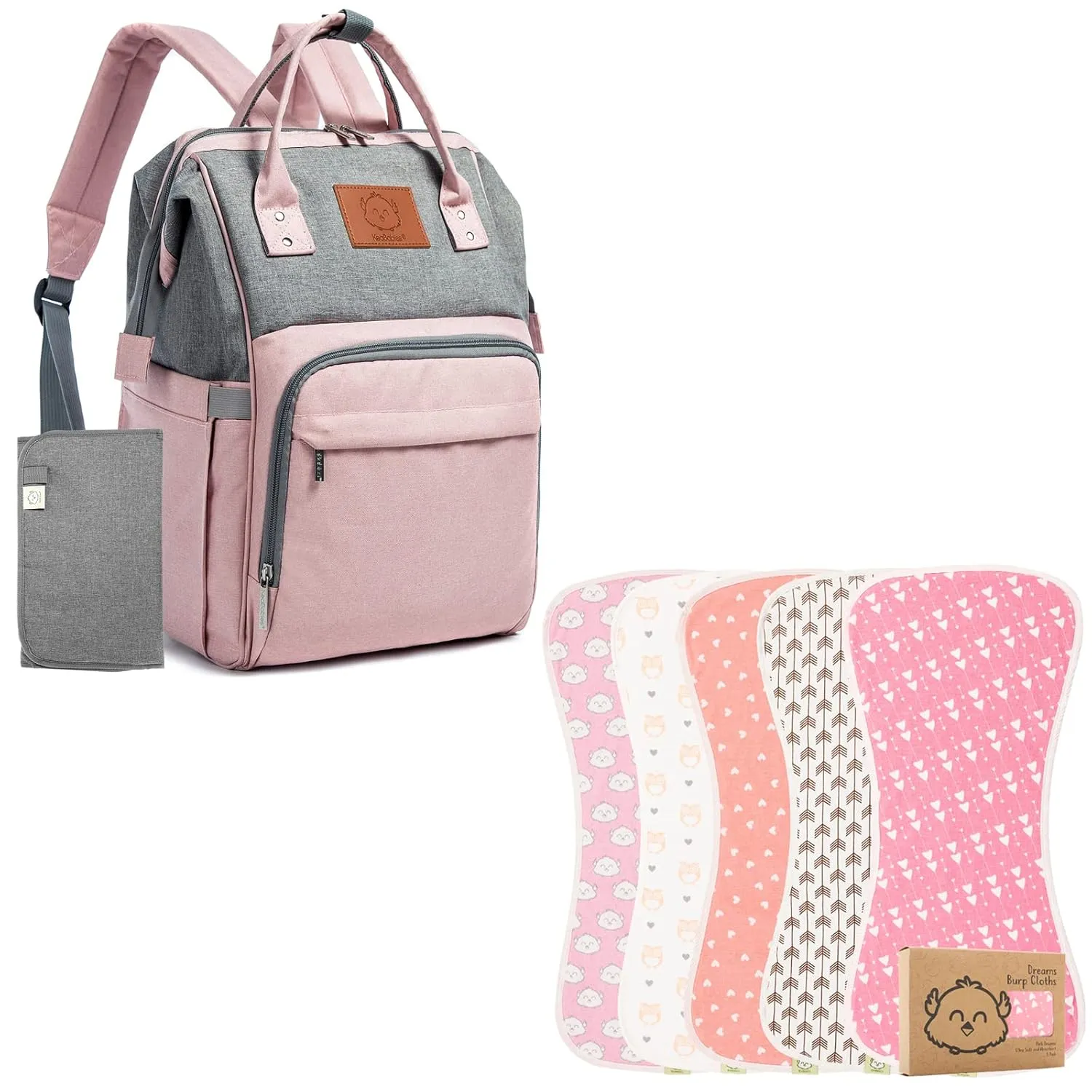 KeaBabies Diaper Bag Backpack And 5-Pack Organic Burp Cloths Bundle - Large Waterproof Travel Baby Bags - Ultra Absorbent Burping Cloth, Burp Clothes, Newborn Towel