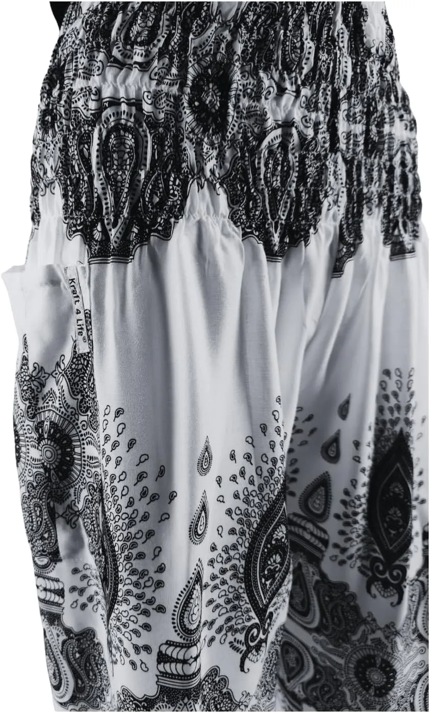 Kraft4Life | Women Smocked Waist Baggy Bohemian Boho Hippie Yoga Harem Pants 2Pockets
