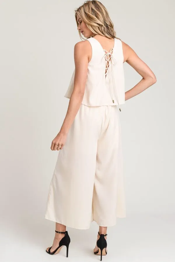 LACE UP BACK WOVEN JUMPSUIT