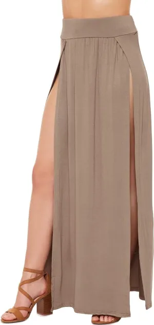 Ladies Double Split Maxi Long Skirt Plain Basic Two Side Slit High Waisted Stretchy Long Summer Party Wear Skirt