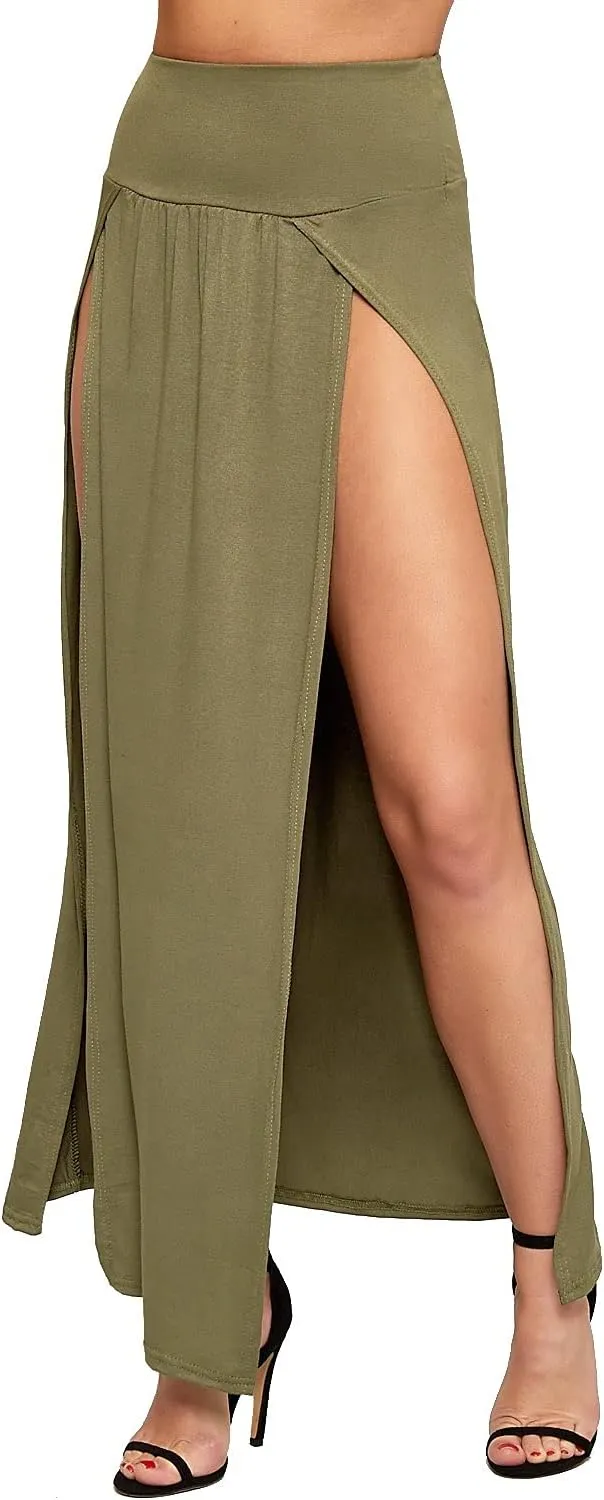 Ladies Double Split Maxi Long Skirt Plain Basic Two Side Slit High Waisted Stretchy Long Summer Party Wear Skirt