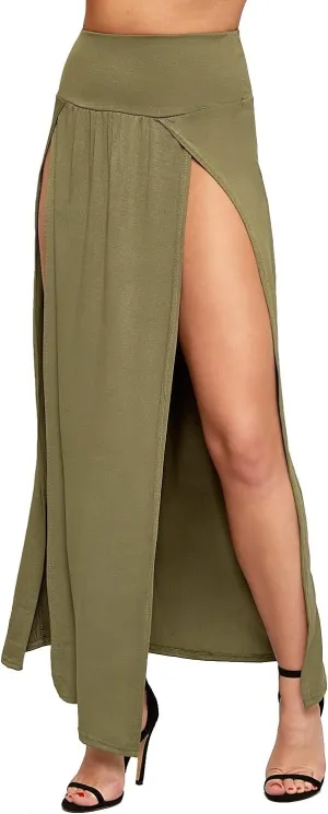 Ladies Double Split Maxi Long Skirt Plain Basic Two Side Slit High Waisted Stretchy Long Summer Party Wear Skirt