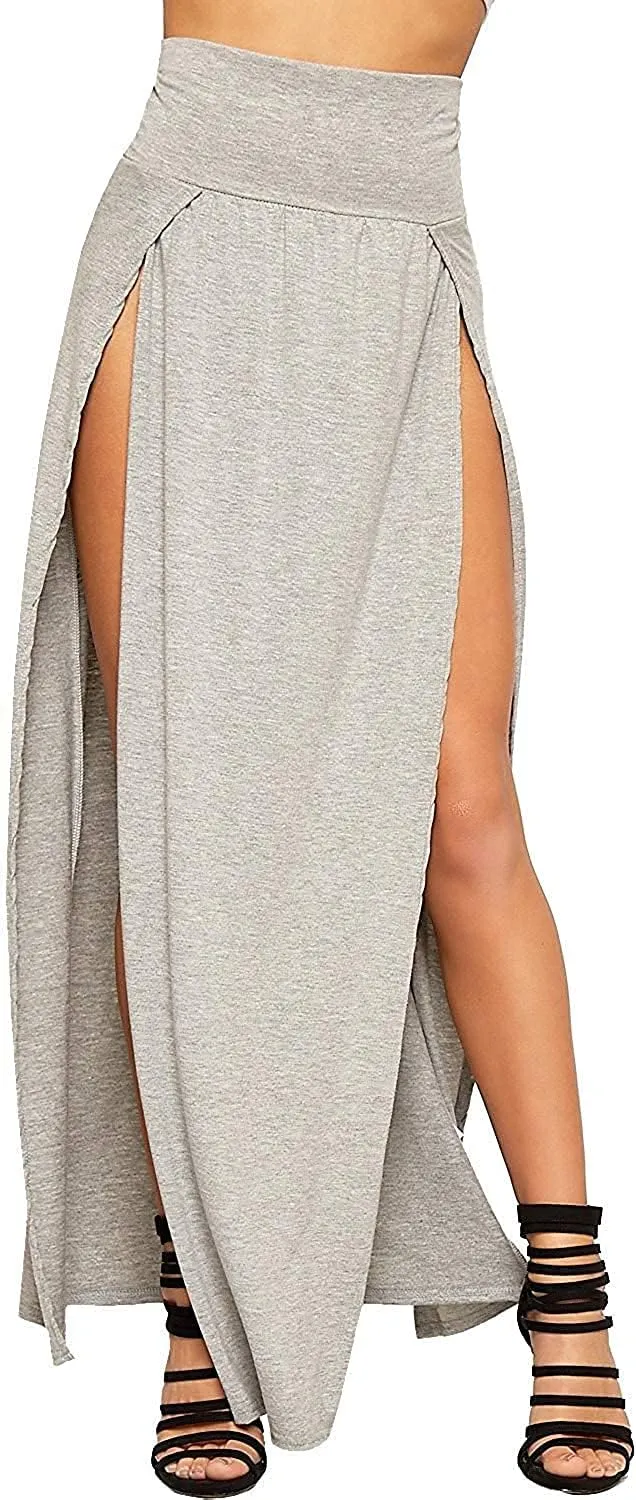 Ladies Double Split Maxi Long Skirt Plain Basic Two Side Slit High Waisted Stretchy Long Summer Party Wear Skirt