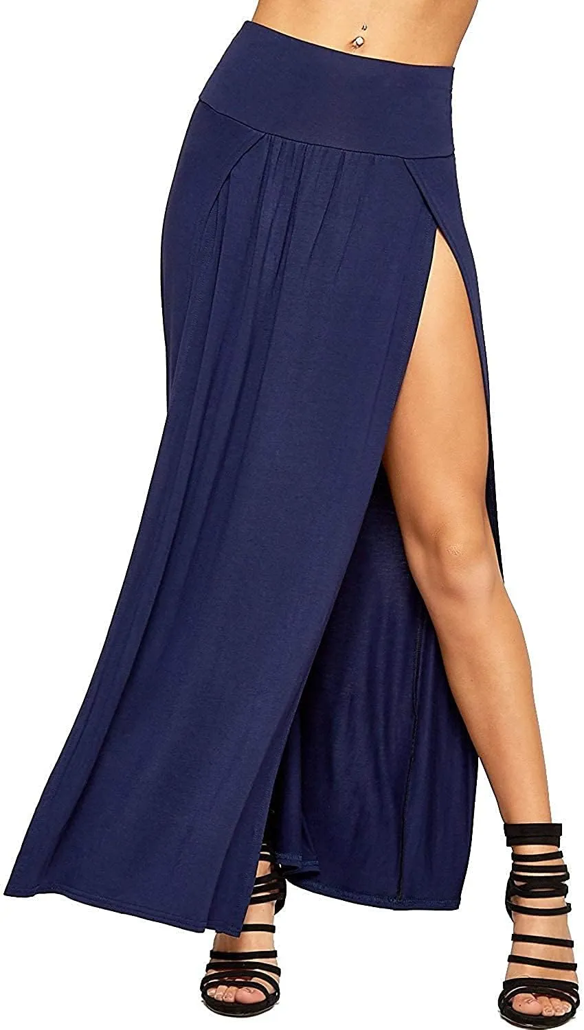 Ladies Double Split Maxi Long Skirt Plain Basic Two Side Slit High Waisted Stretchy Long Summer Party Wear Skirt