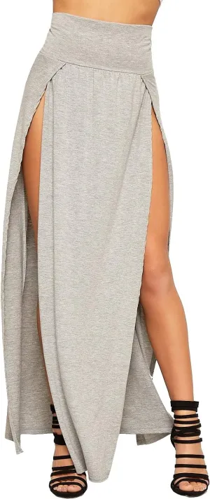 Ladies Double Split Maxi Long Skirt Plain Basic Two Side Slit High Waisted Stretchy Long Summer Party Wear Skirt