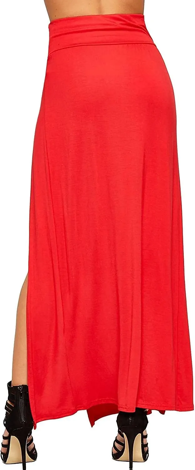 Ladies Double Split Maxi Long Skirt Plain Basic Two Side Slit High Waisted Stretchy Long Summer Party Wear Skirt