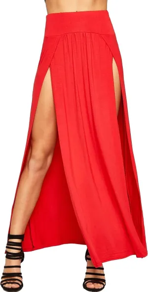 Ladies Double Split Maxi Long Skirt Plain Basic Two Side Slit High Waisted Stretchy Long Summer Party Wear Skirt