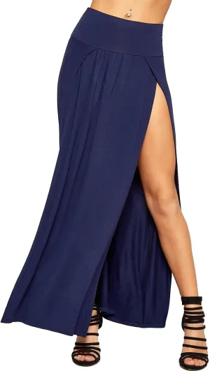 Ladies Double Split Maxi Long Skirt Plain Basic Two Side Slit High Waisted Stretchy Long Summer Party Wear Skirt