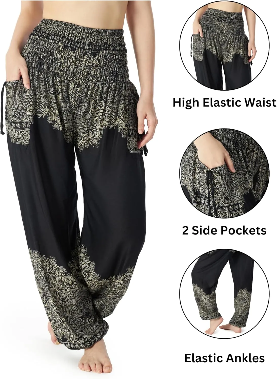Lannaclothesdesign Women's Smocked Waist Boho Flowy Yoga Harem Pants Hippie Clothes